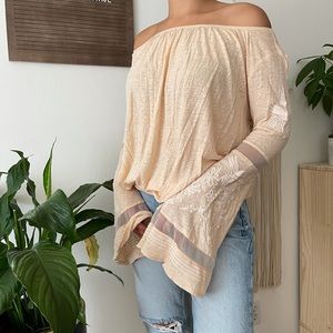Free People Boho Flared Sleeve Embroidered Top